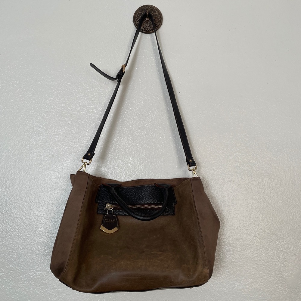 Nicoli Italy Brown Leather Suede Tote Bag Satchel Crossbody Gold Hardware